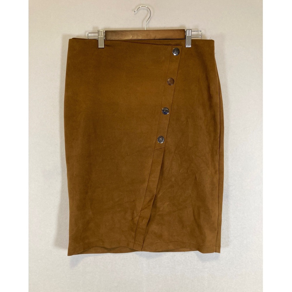 Dark Academia SOHO Apparel Ltd. Med Brown Faux Suede‎ Asymmetrical Button Skirt
